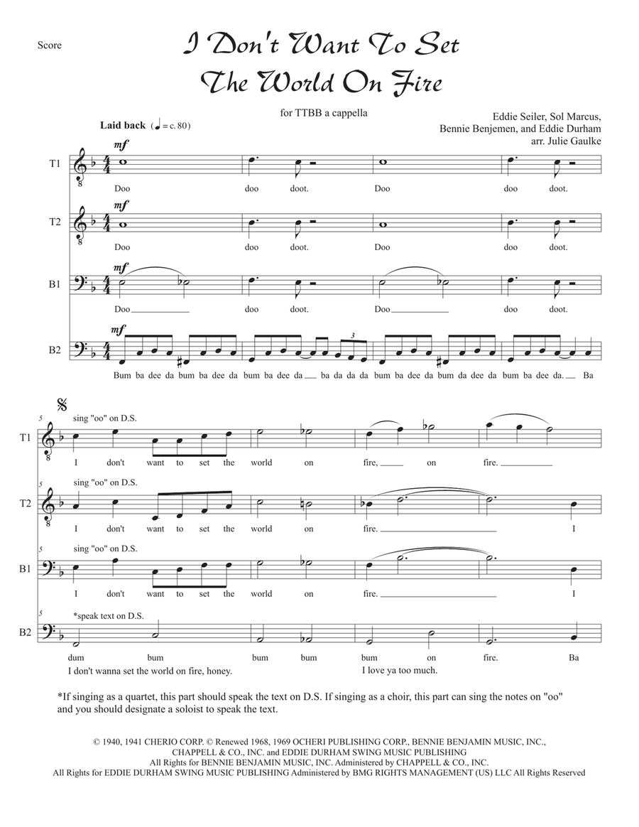 I Don't Want To Set The World On Fire TTBB scores gallery preview page 1
