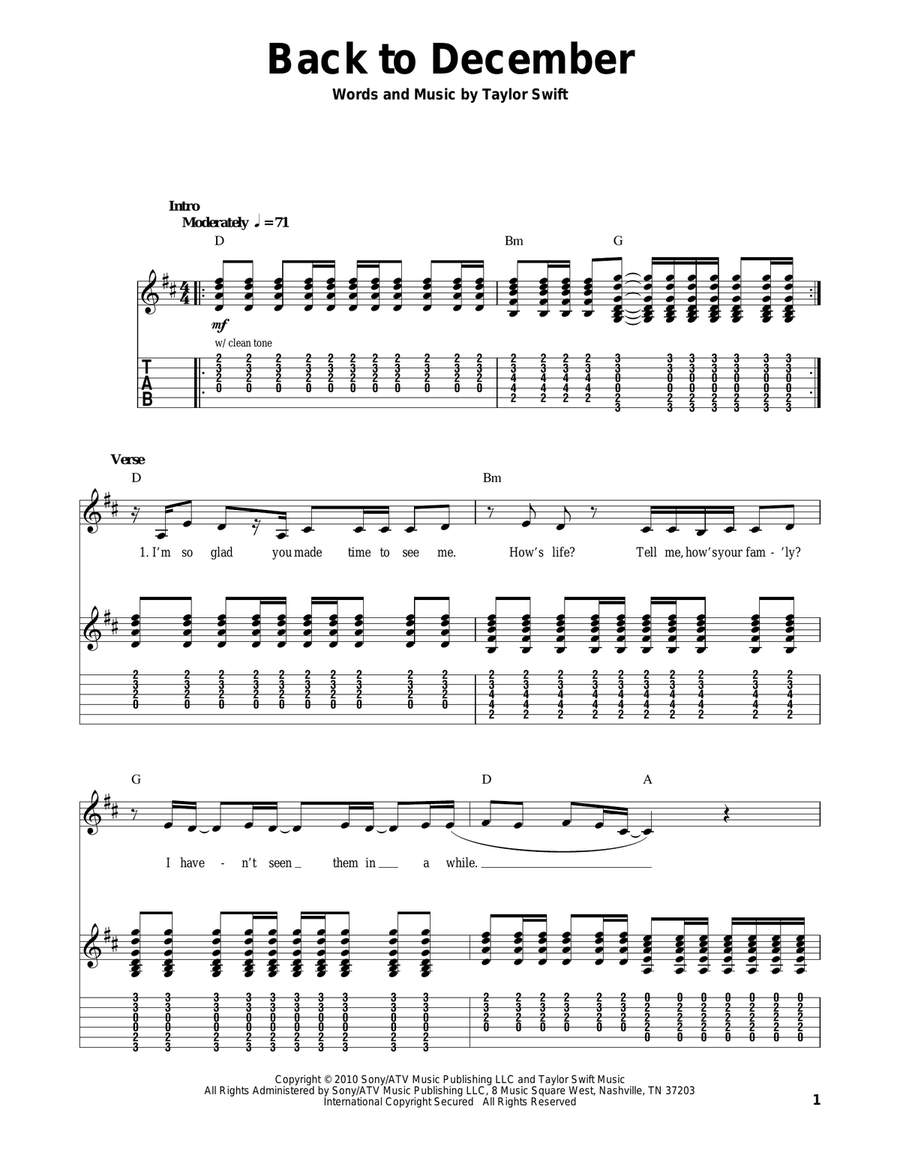 Back To December Acoustic Guitar scores gallery preview page 1