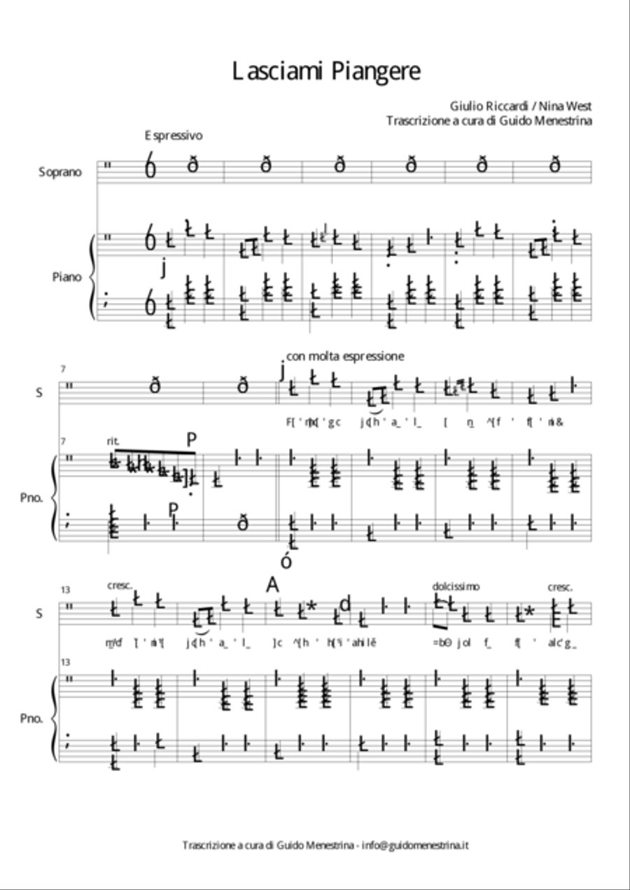 Giulio Riccardi / Nina West - Lasciami Piangere Soprano Voice scores gallery preview page 1