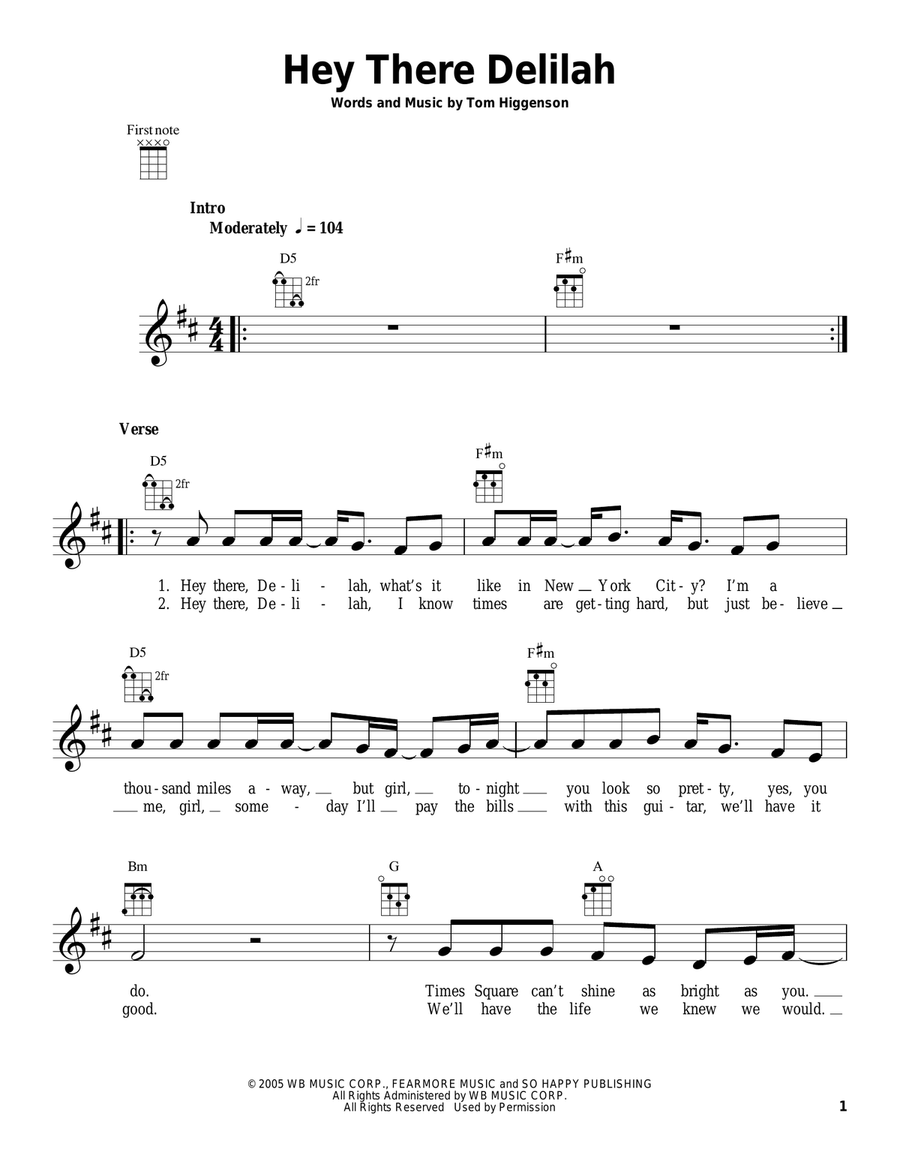 Hey There Delilah Ukulele scores gallery preview page 1