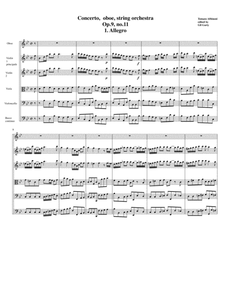 Concerto, oboe, string orchestra, Op.9, no.11, B flat major (Original version - Score and parts)