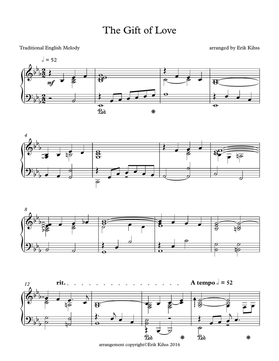 The Gift of Love (When Love is Found) - piano arrangement by Erik Kihss Piano Solo scores gallery preview page 1