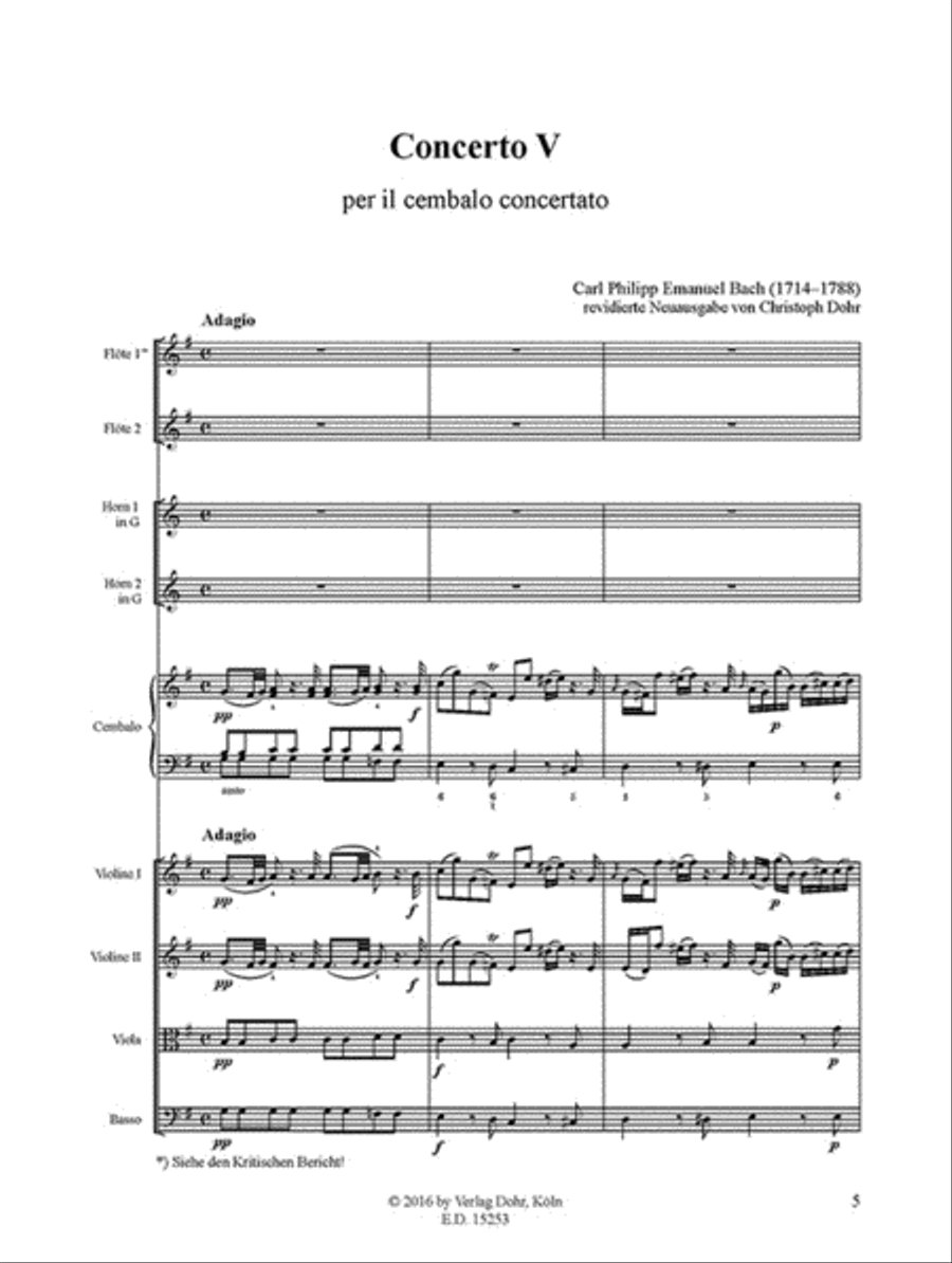 Concerto V für Cembalo (Pianoforte), 2 Flöten, 2 Hörner und Streicher G-Dur H 43.5 / Wq 475 (1772) Flute scores gallery preview page 2