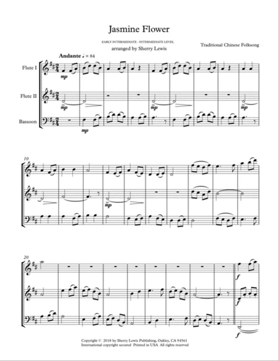 JASMINE FLOWER - Traditional Chinese Folk Song, Woodwind Trio, Intermediate Level for flute, clarine Woodwind Trio scores gallery preview page 4