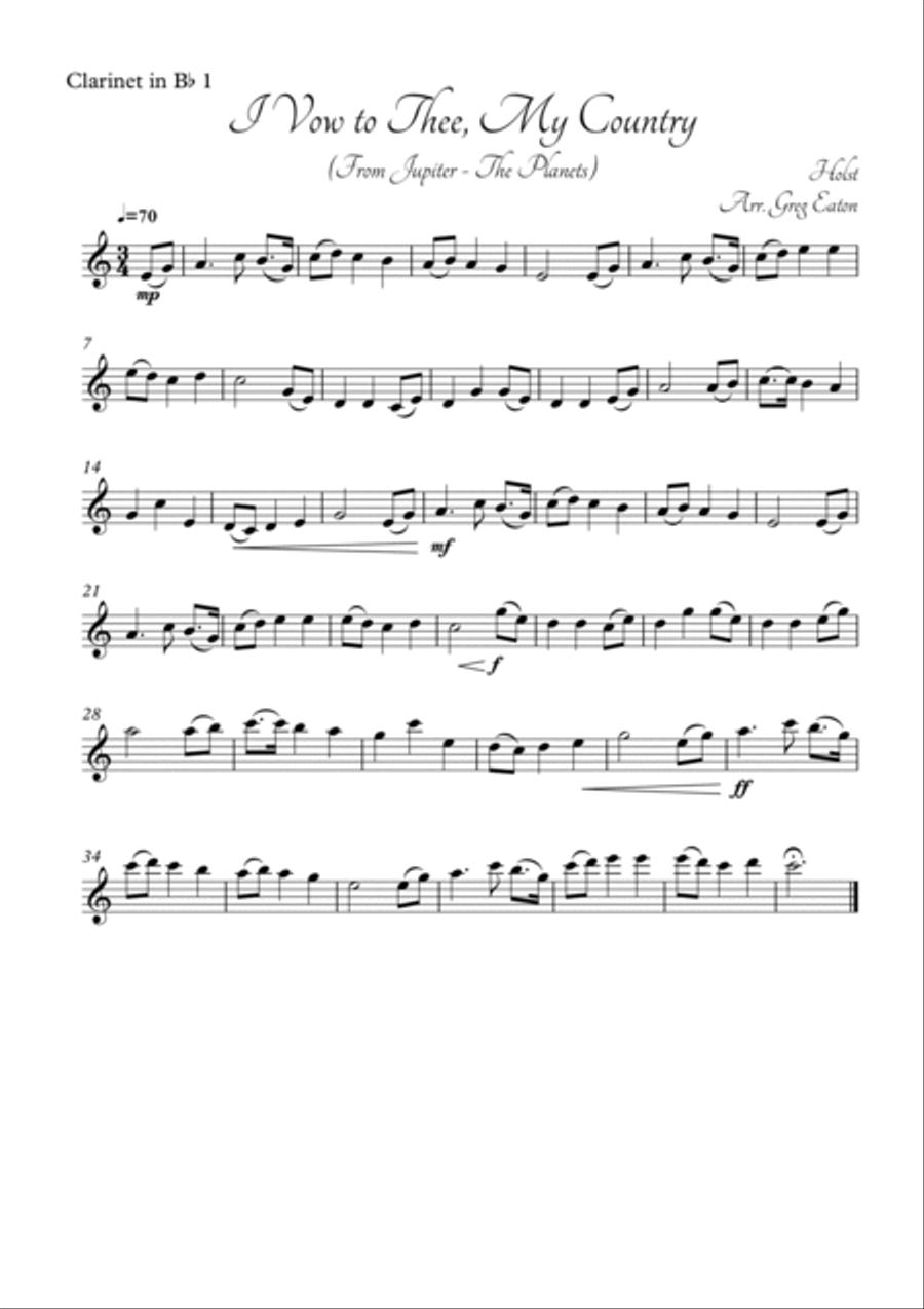 I Vow to Thee, My Country, by Holst, from The Planets. Arranged for clarinet quartet by Greg Eaton. Clarinet Quartet scores gallery preview page 5