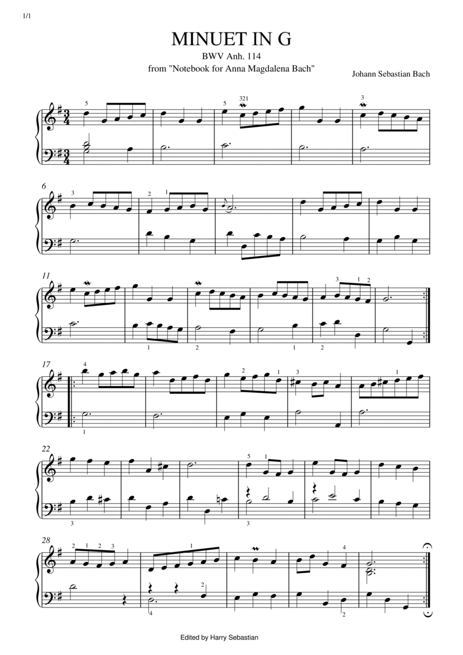 J.S.Bach- Minuet in G Major, bwv anh. 114 Easy Piano scores gallery preview page 1