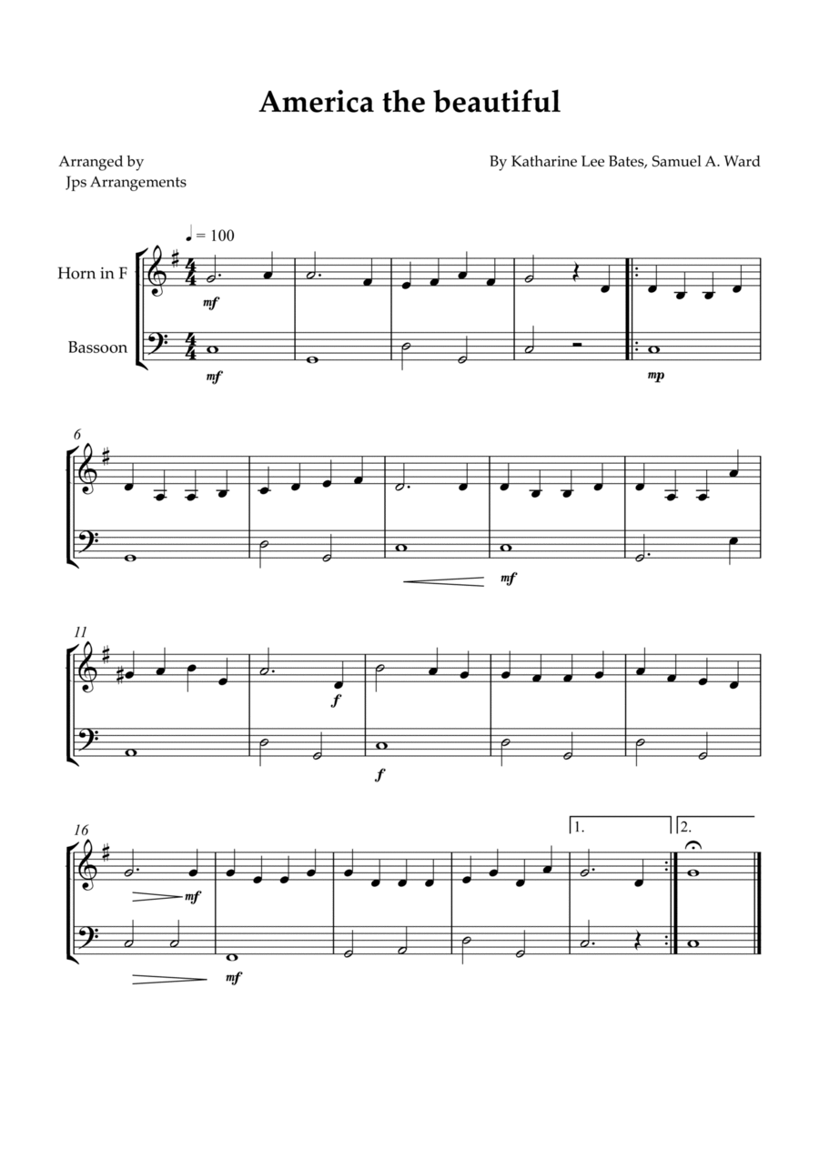America the beautiful - duet for French and Bassoon Woodwind Duet scores gallery preview page 1