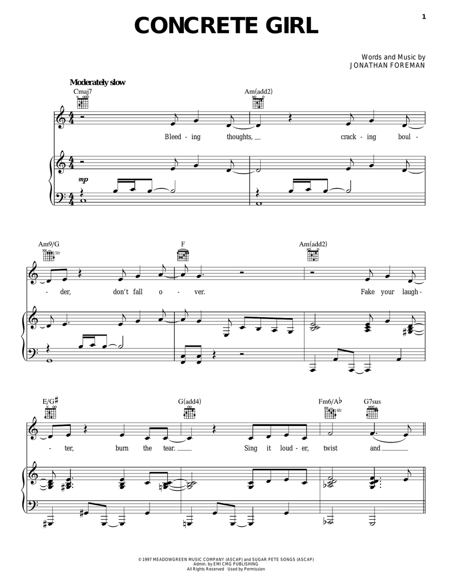 Concrete Girl Concrete Girl Piano, Vocal, Guitar scores gallery preview page 1