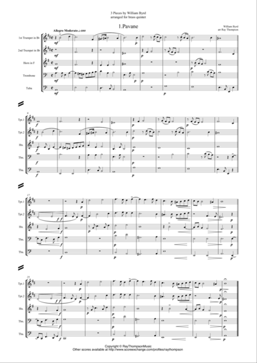 Byrd: 3 Pieces by William Byrd (including Pavane) - brass quintet Brass Quintet scores gallery preview page 1