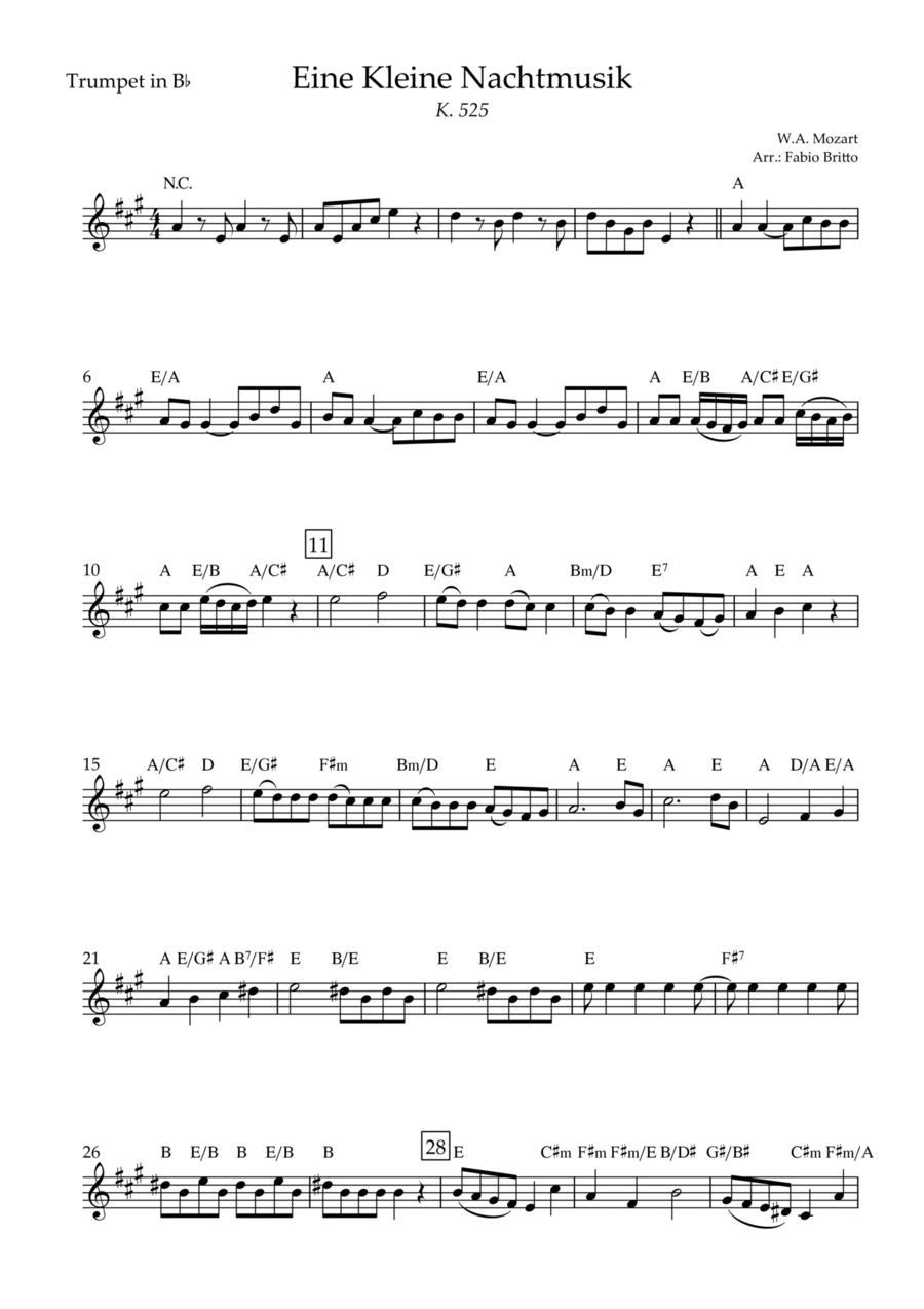 Eine kleine Nachtmusik (W.A. Mozart) for Trumpet in Bb Solo with Chords (Simplified) B-Flat Trumpet scores gallery preview page 1