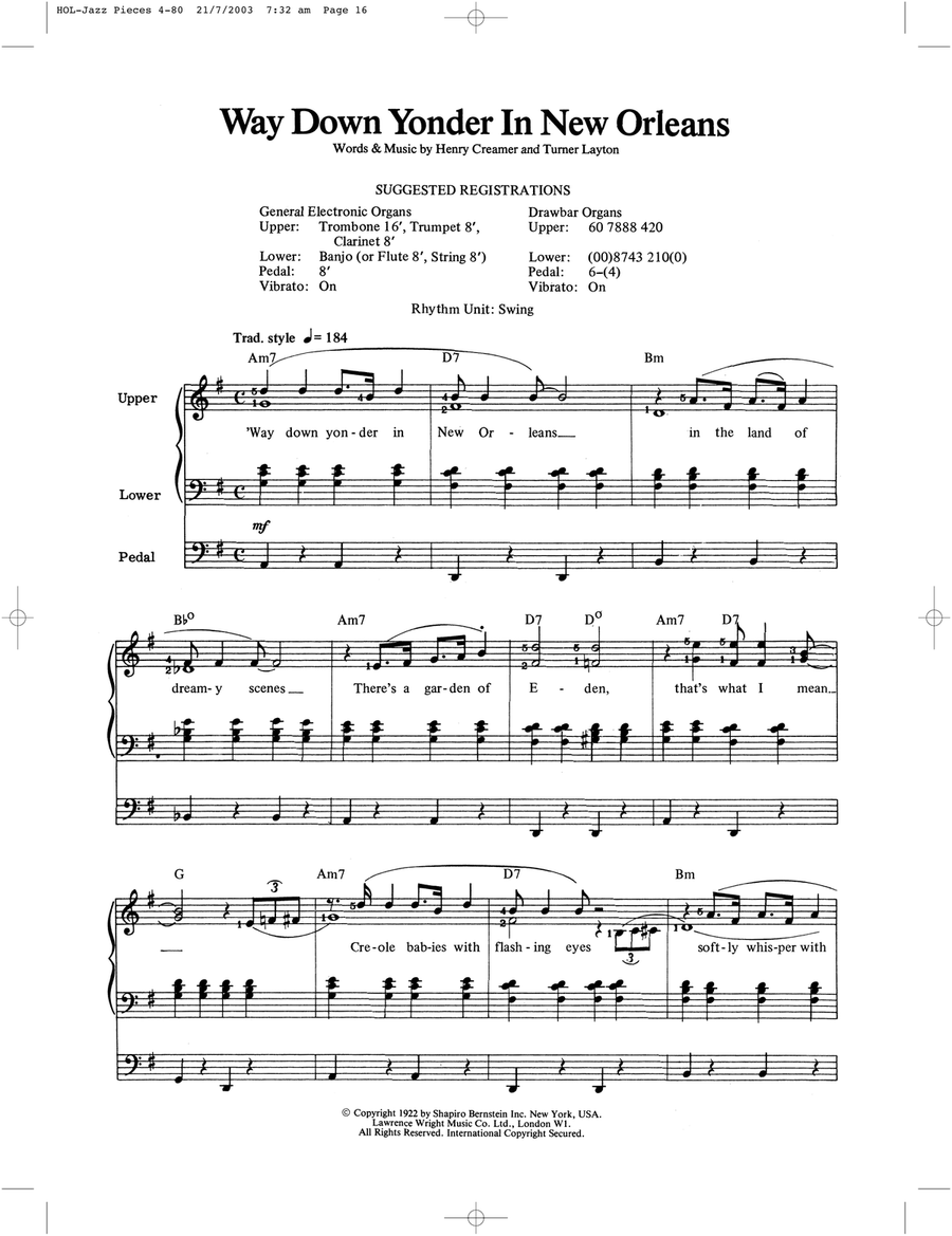 Way Down Yonder In New Orleans Organ Solo scores gallery preview page 1