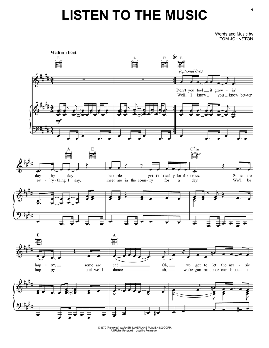 Listen To The Music Piano, Vocal, Guitar scores gallery preview page 1