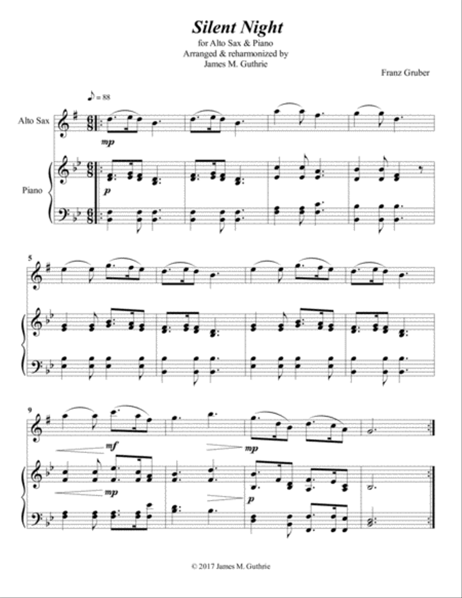 Silent Night for Alto Sax & Piano Alto Saxophone scores gallery preview page 1