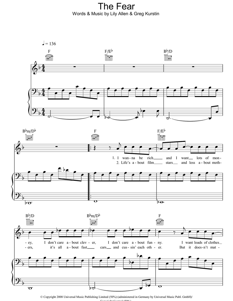 The Fear Piano, Vocal, Guitar scores gallery preview page 1
