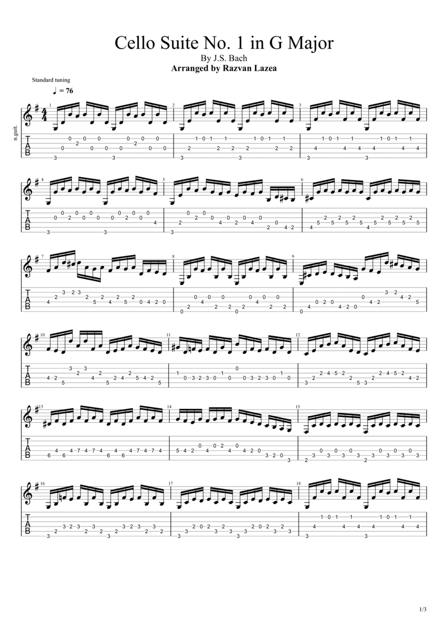 Bach - Cello Suite No. 1 in G Major - Fingerstyle guitar Cello scores gallery preview page 1