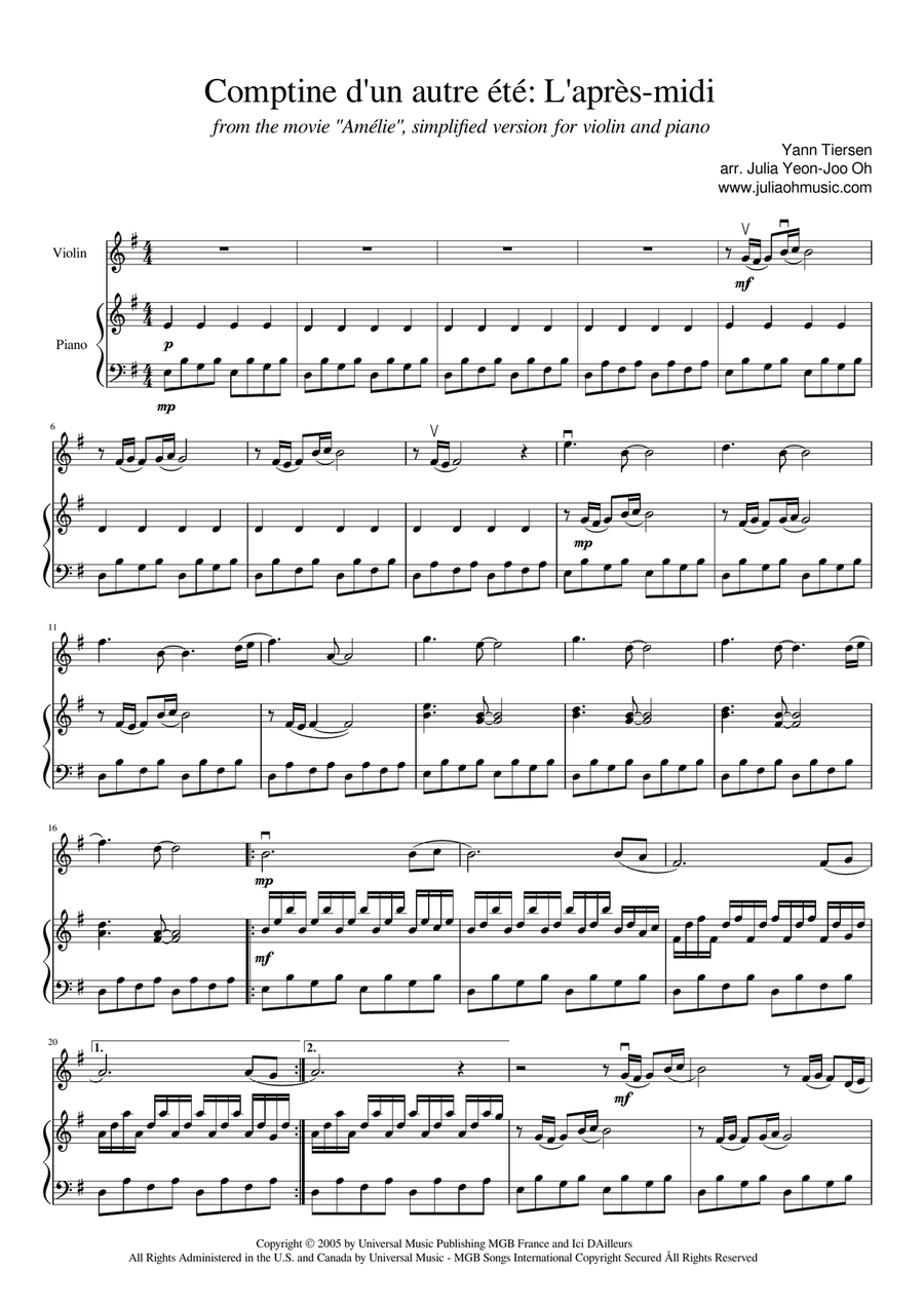 Comptine D'un Autre Été: L'après-midi Violin Solo scores gallery preview page 1