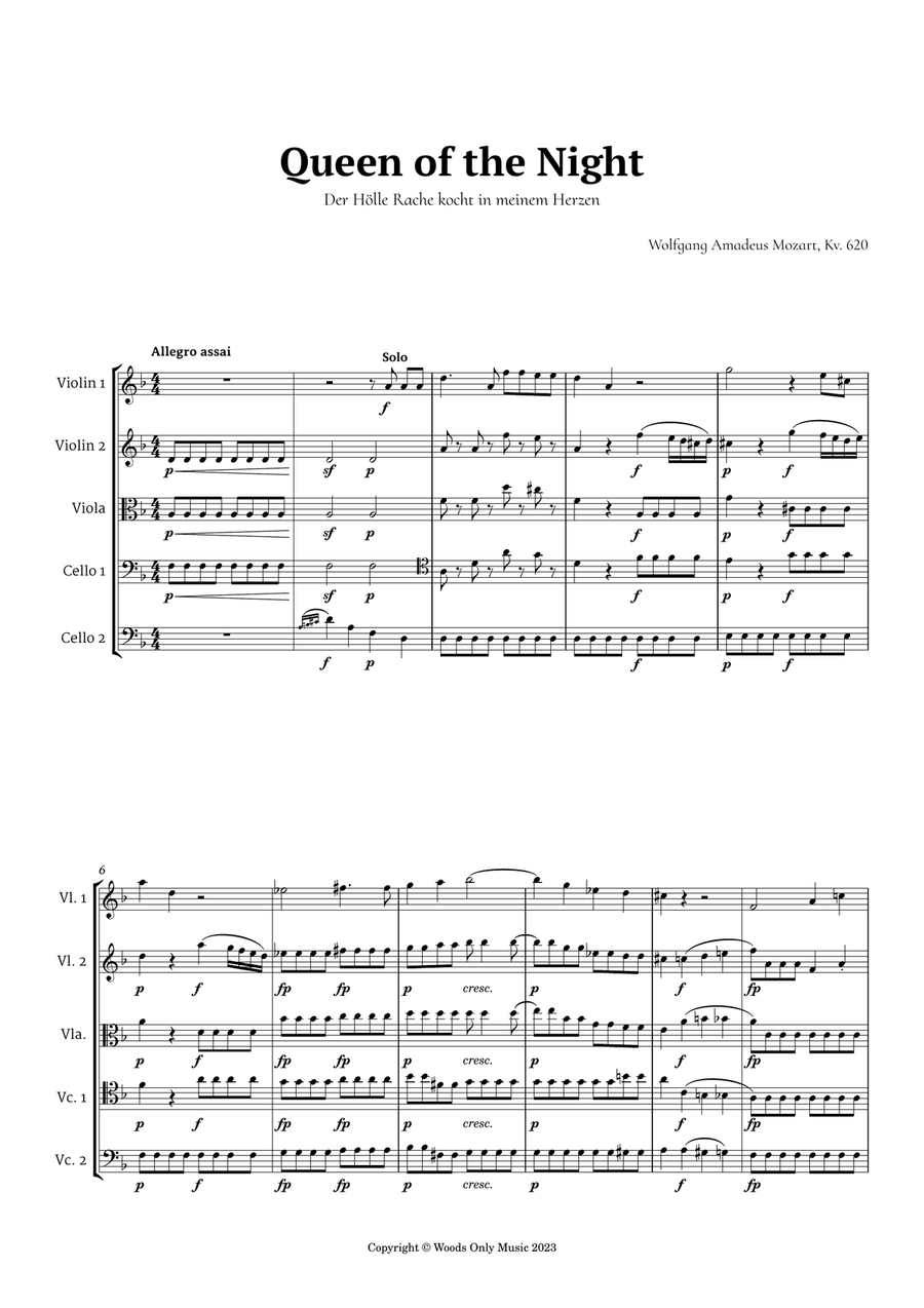 Queen of the Night Aria by Mozart for String Quintet String Quintet scores gallery preview page 1