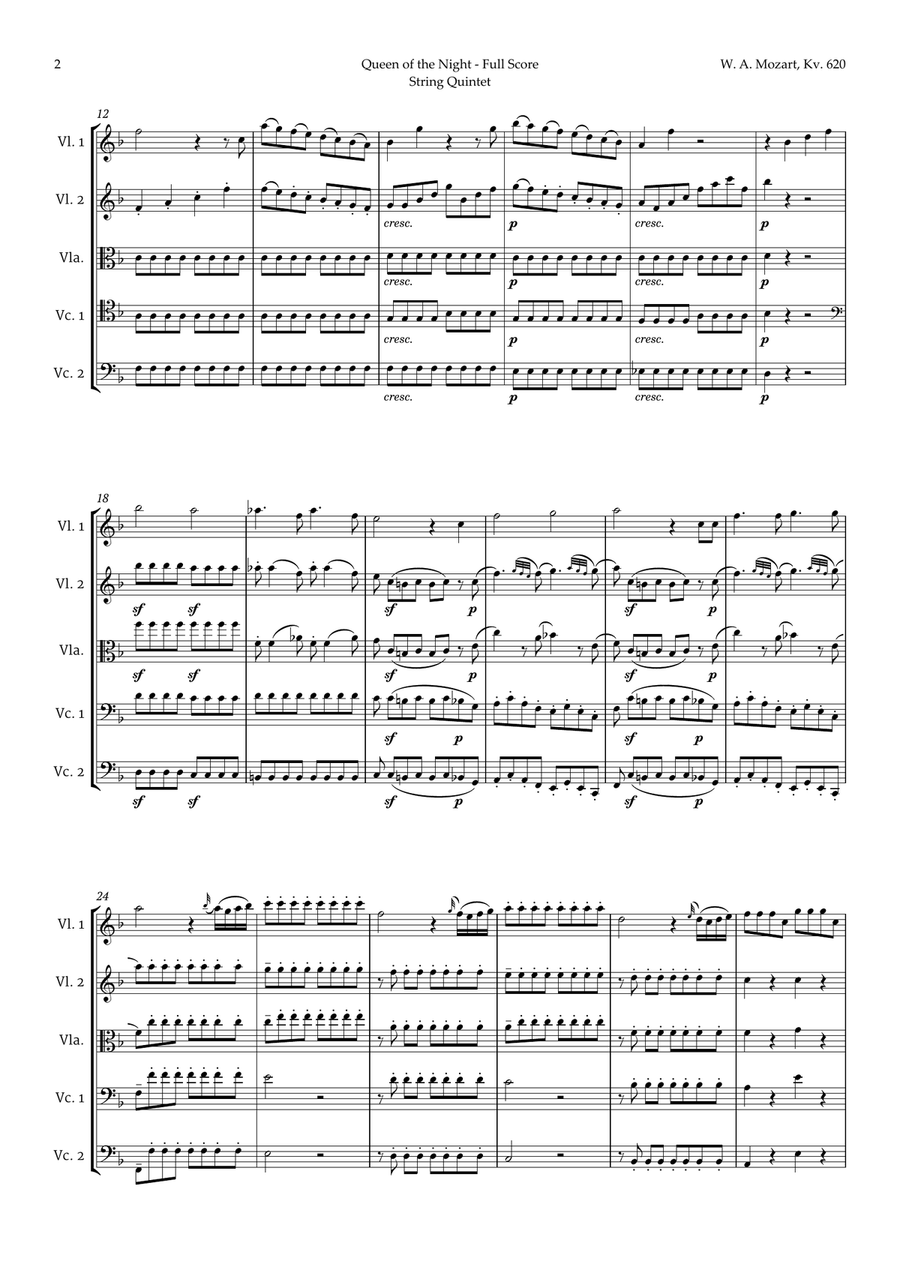 Queen of the Night Aria by Mozart for String Quintet String Quintet scores gallery preview page 2