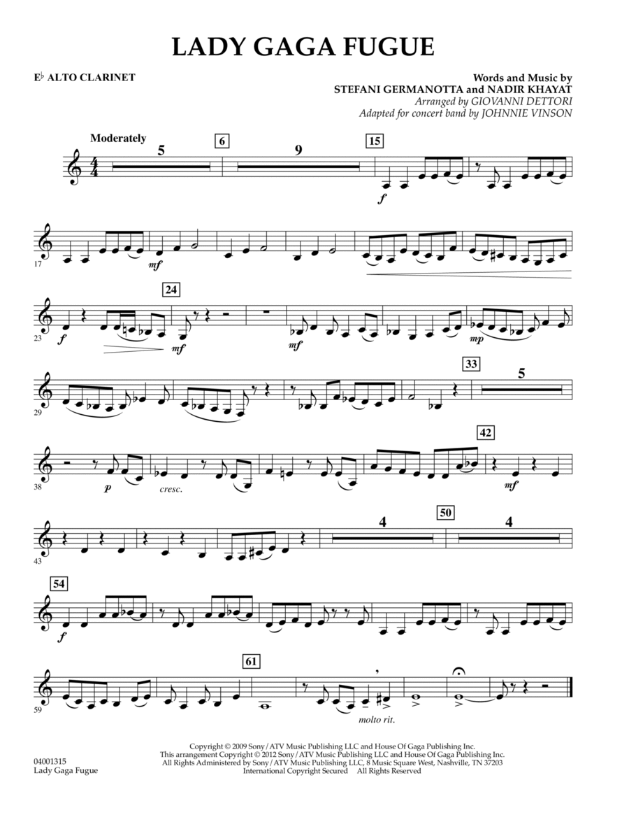 Lady Gaga Fugue - Eb Alto Clarinet Concert Band scores gallery preview page 1