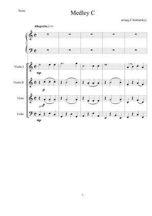 Medley C.Tres peses faciles per a piano amb acompanyament d'orquestra de corda.Partitura general i p
