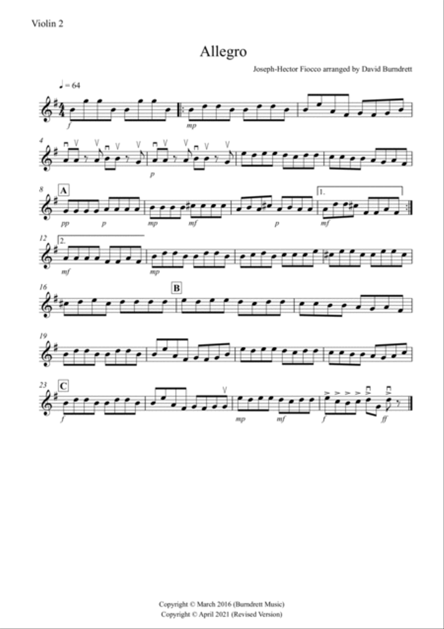 Allegro by Fiocco for String Quartet image number null