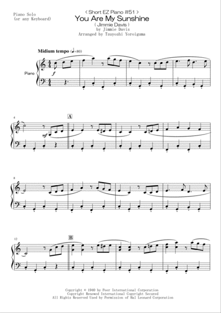 You Are My Sunshine Easy Piano scores gallery preview page 1