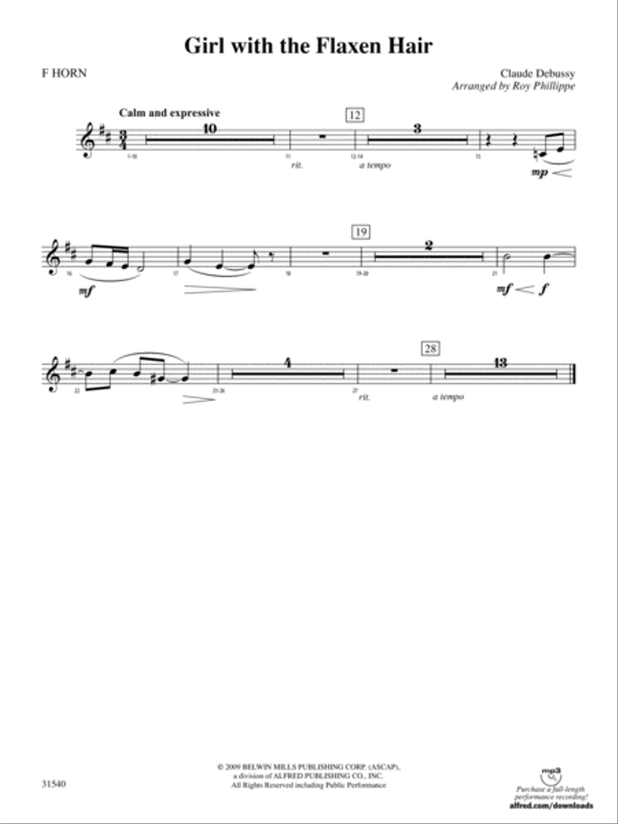 Girl with the Flaxen Hair: 1st F Horn Full Orchestra scores gallery preview page 1