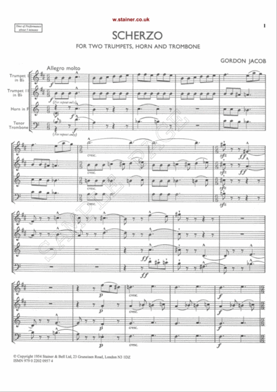Scherzo for Two Trumpets, Horn and Trombone Horn scores gallery preview page 2