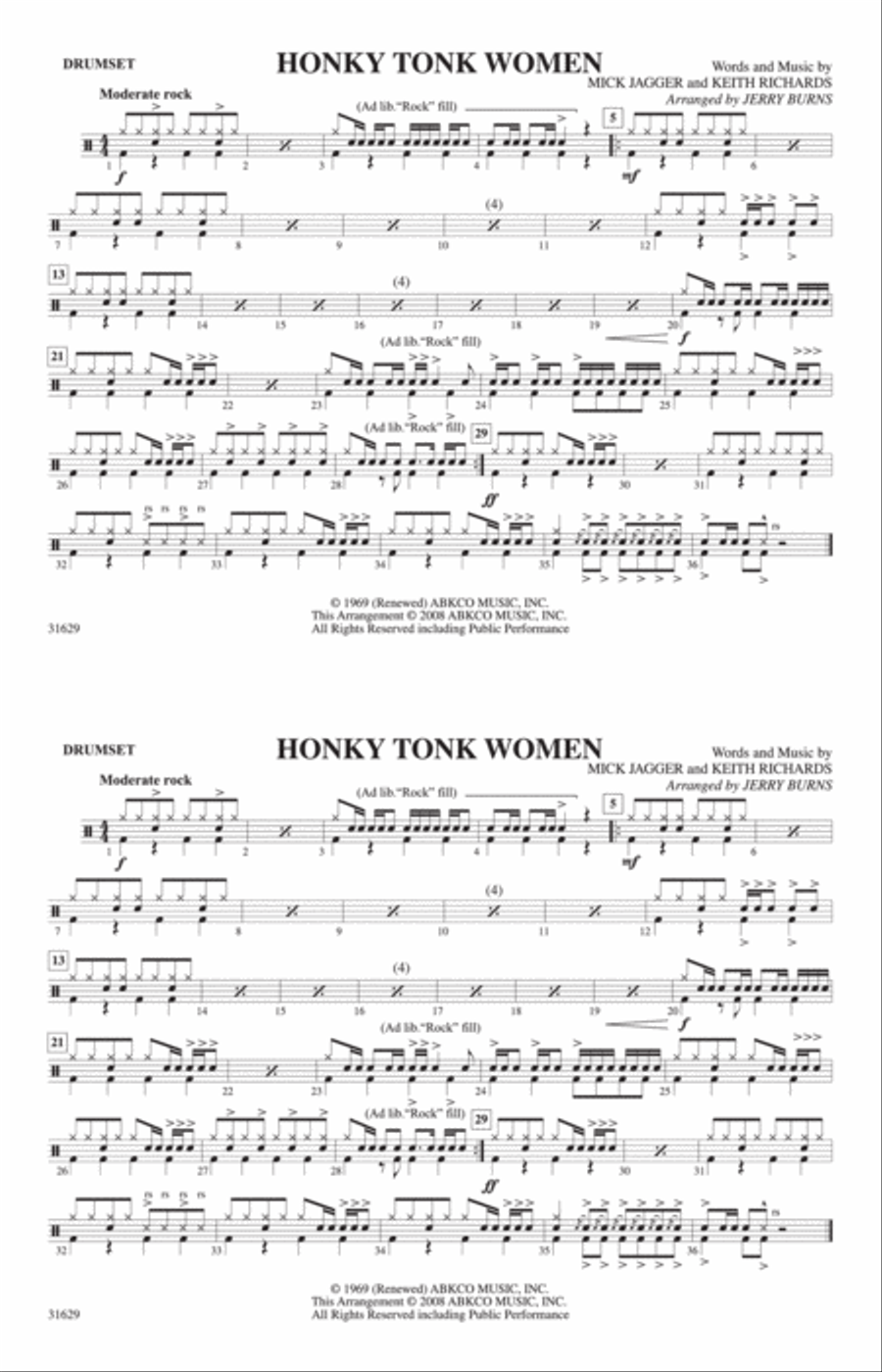 Honky Tonk Women: Drumset Marching Band scores gallery preview page 1