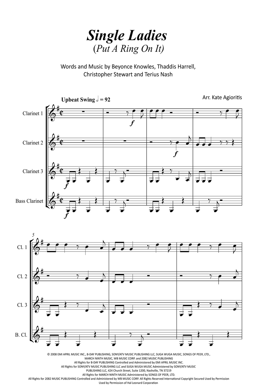 Single Ladies (Put A Ring On It) Clarinet Quartet scores gallery preview page 2