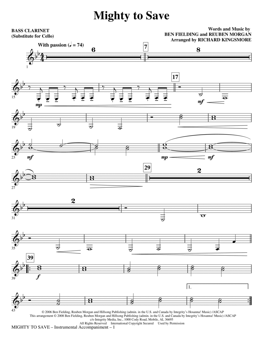 Mighty To Save - Bass Clarinet (Sub. Cello) Choir scores gallery preview page 1