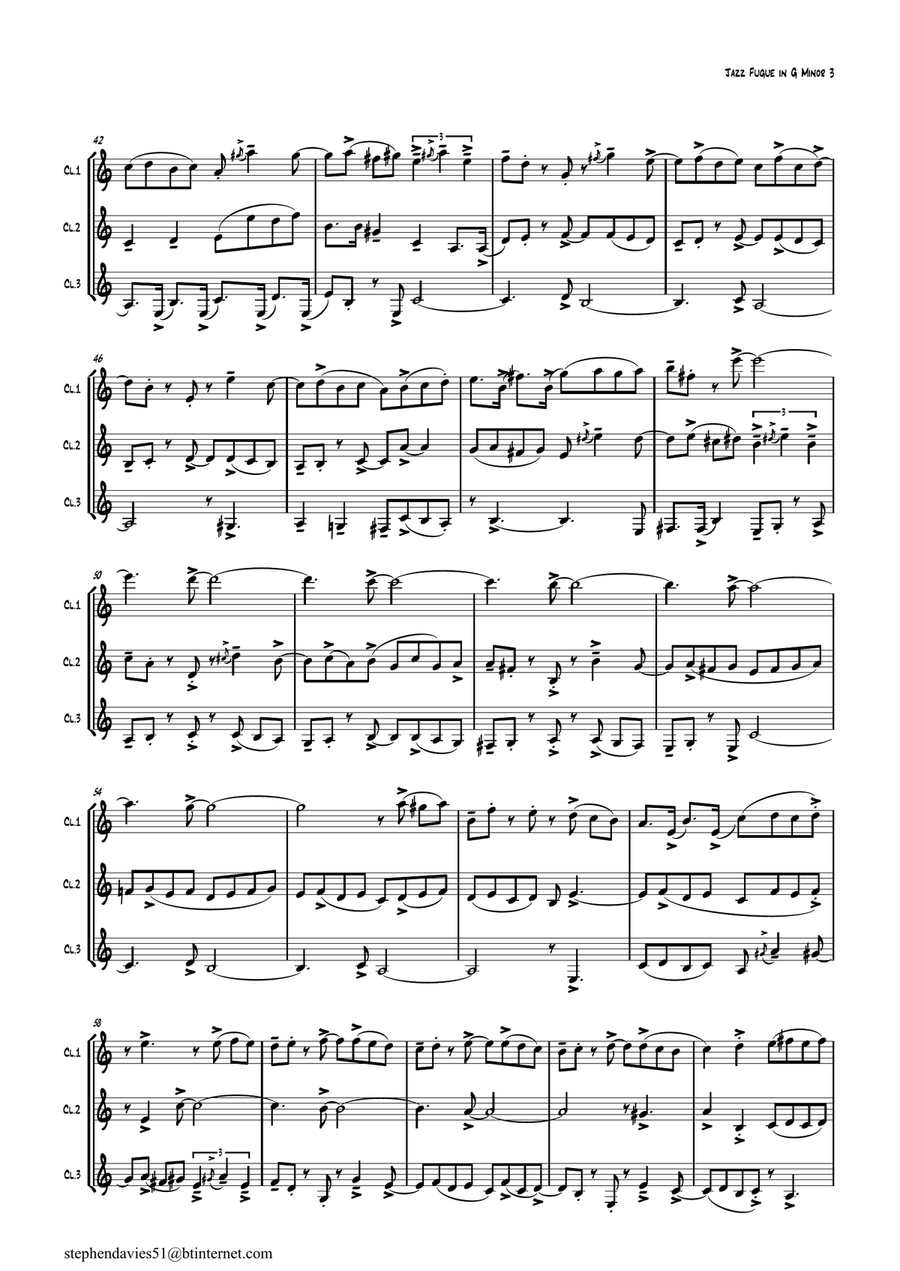 'Jazz Fugue in G Minor', based on the 'Fantasia & Fugue in G Minor' BWV542 by J.S.Bach for Clarinet Woodwind Trio scores gallery preview page 3