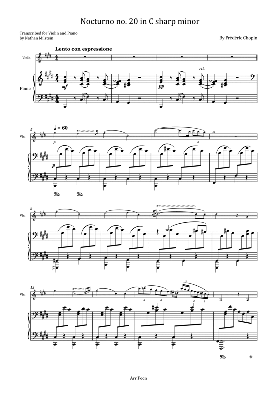 Chopin Nocturne No.20 in C-sharp minor B.49 - For Violin and Piano Original Violin Solo scores gallery preview page 1