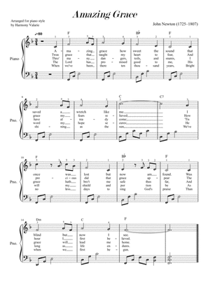 Amazing Grace (F major key) Piano Style with note names, chords and lyrics