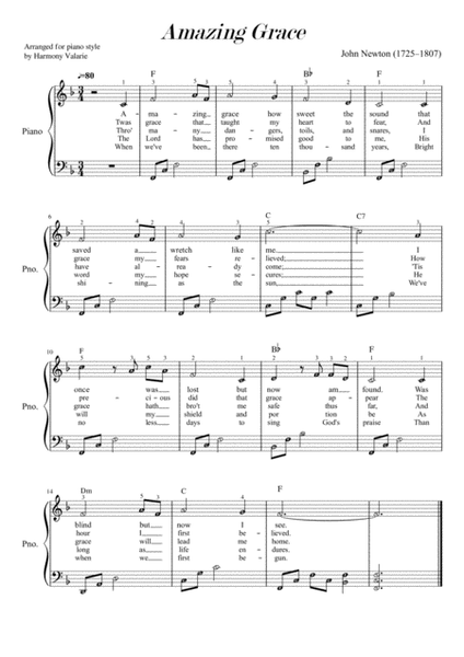 Amazing Grace (F major key) Piano Style with note names, chords and lyrics image number null