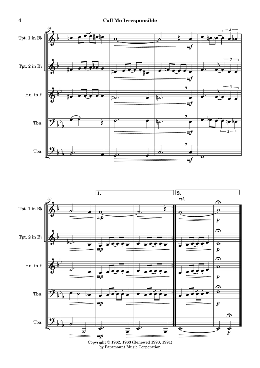 Call Me Irresponsible Brass Quintet scores gallery preview page 4