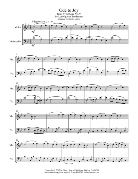 ODE TO JOY, String Duo, Intermediate Level for violin and cello image number null