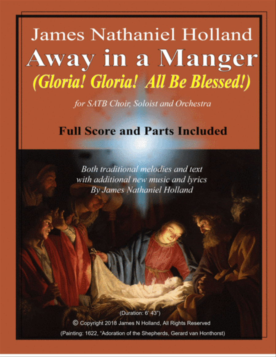 Away in a Manger (Gloria, Gloria All Be Blessed!) for Soloist, SATB Choir and Orchestra 4-Part scores gallery preview page 1