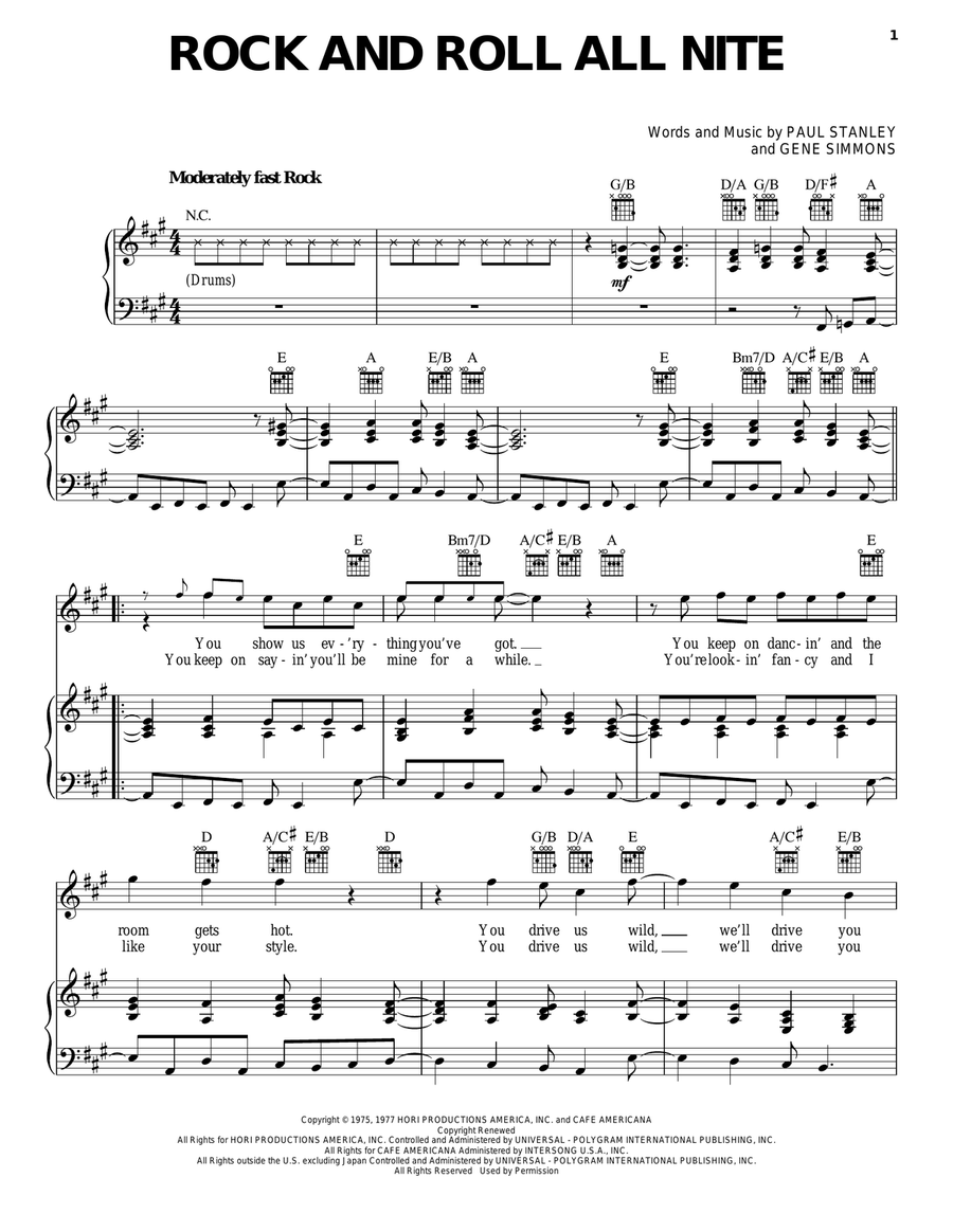 Rock And Roll All Nite Piano, Vocal, Guitar scores gallery preview page 1