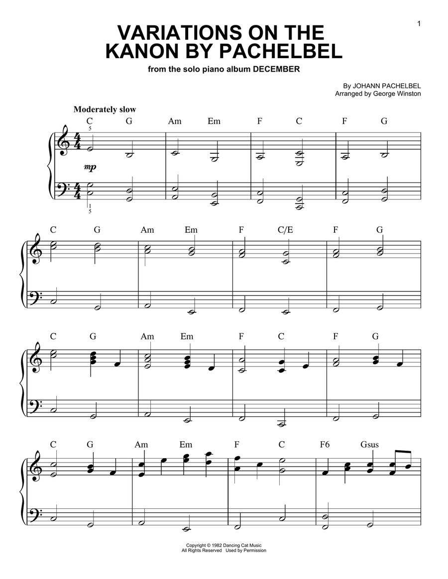 Variations On The Kanon By Pachelbel Easy Piano scores gallery preview page 1