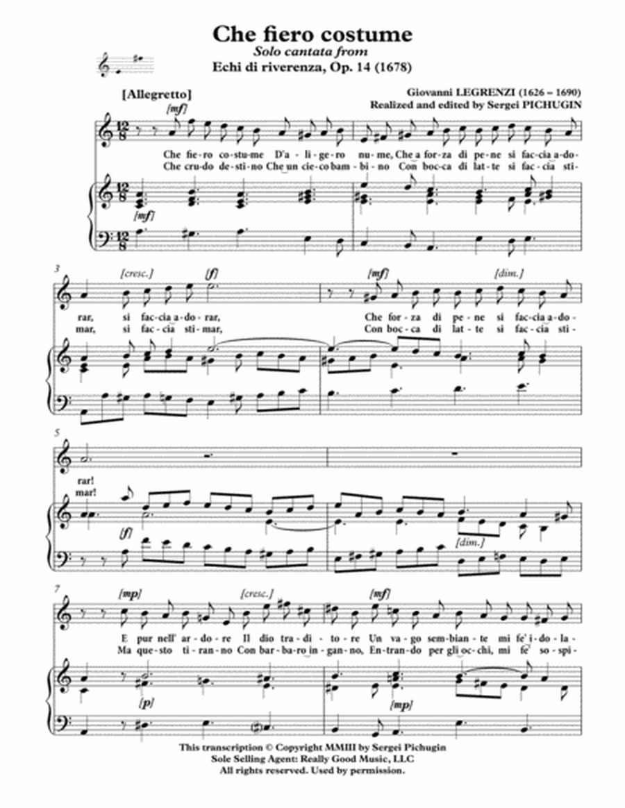 LEGRENZI Giovanni: Che fiero costume, cantata, arranged for Voice and Piano (A minor) image number null