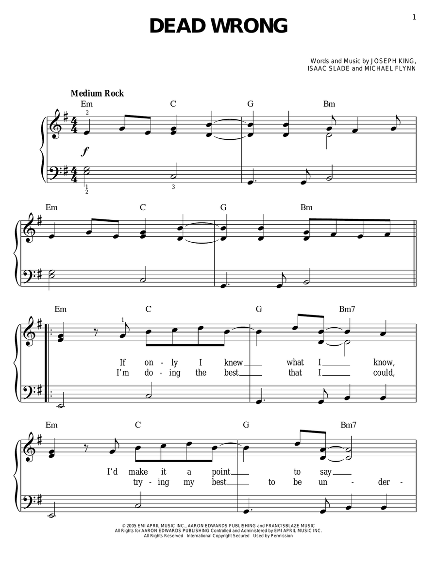 Dead Wrong Easy Piano scores gallery preview page 1