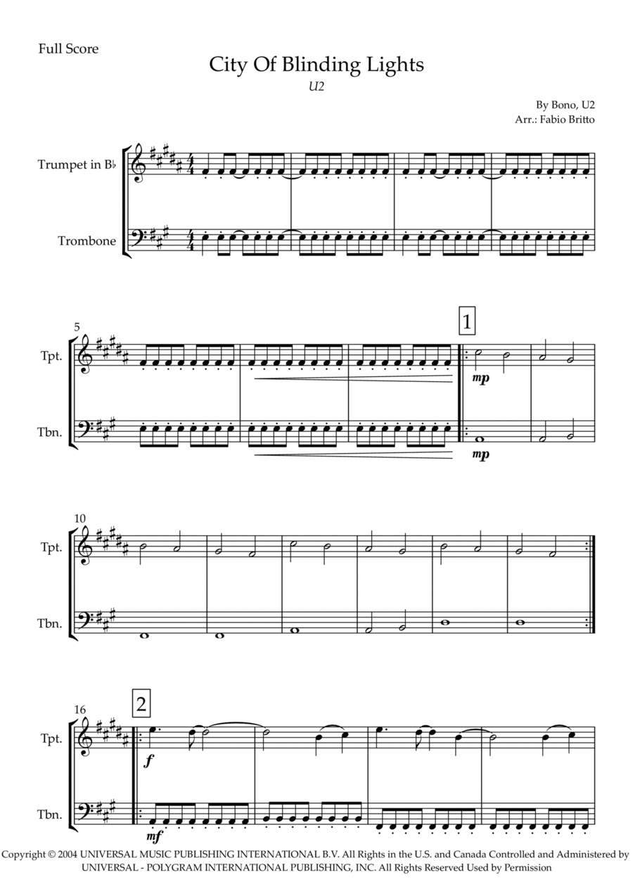 City Of Blinding Lights Brass Duet scores gallery preview page 1