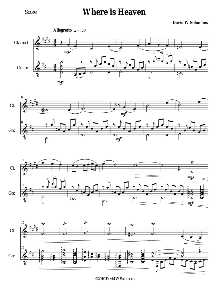 Where is heaven for clarinet and guitar Clarinet scores gallery preview page 1