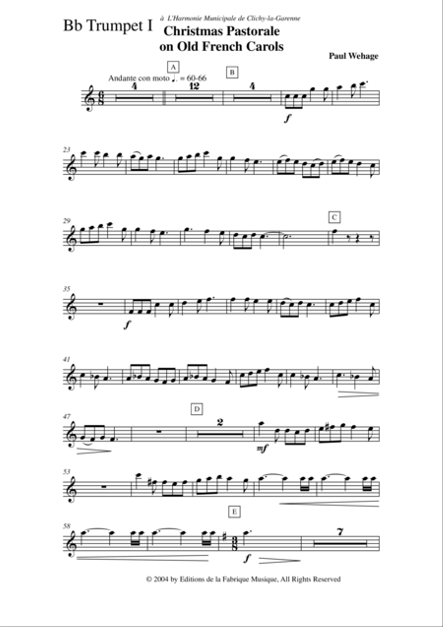 Paul Wehage: Christmas Pastorale on Old French Carols for concert band, 1st Bb trumpet or cornet par Concert Band scores gallery preview page 2