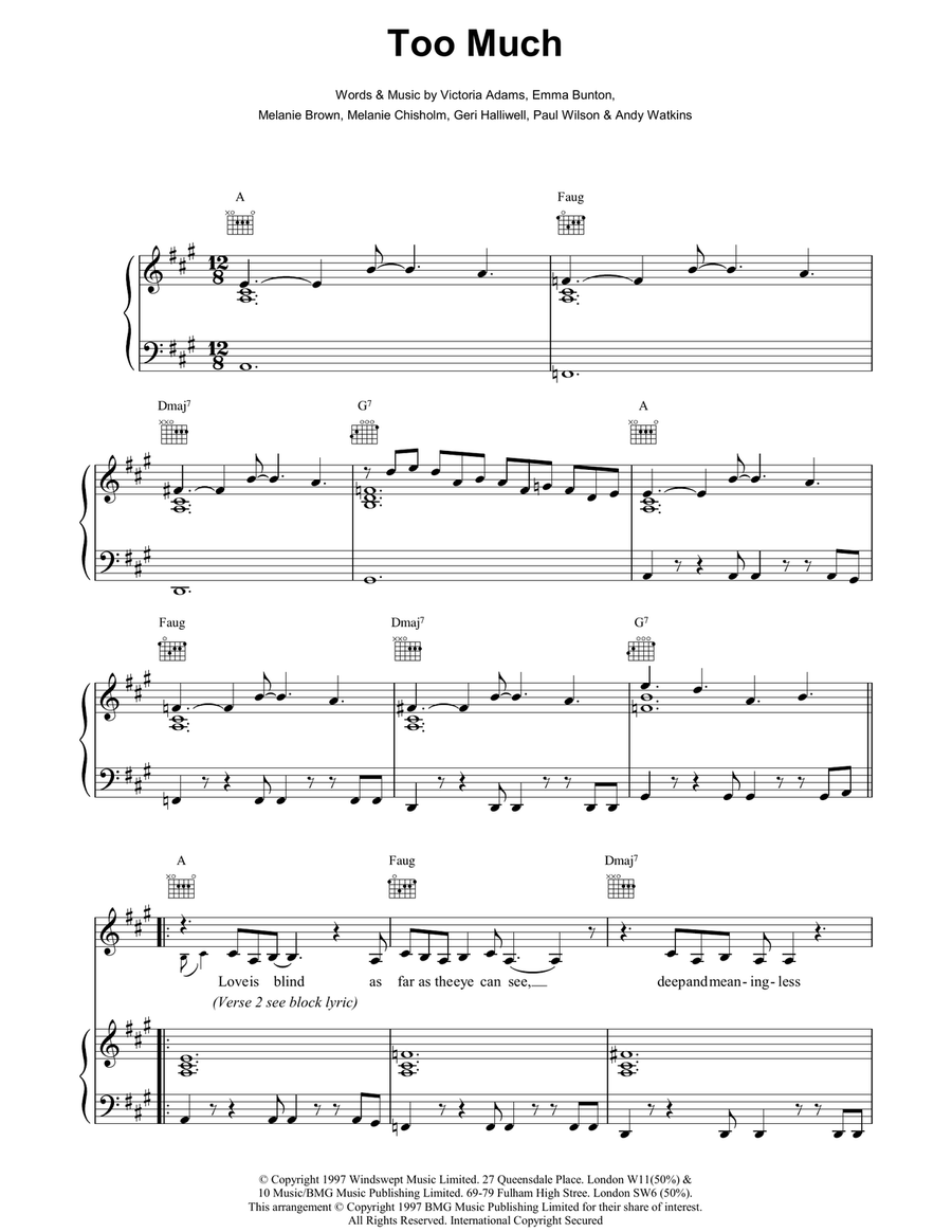 Too Much Too Much Piano, Vocal, Guitar scores gallery preview page 1