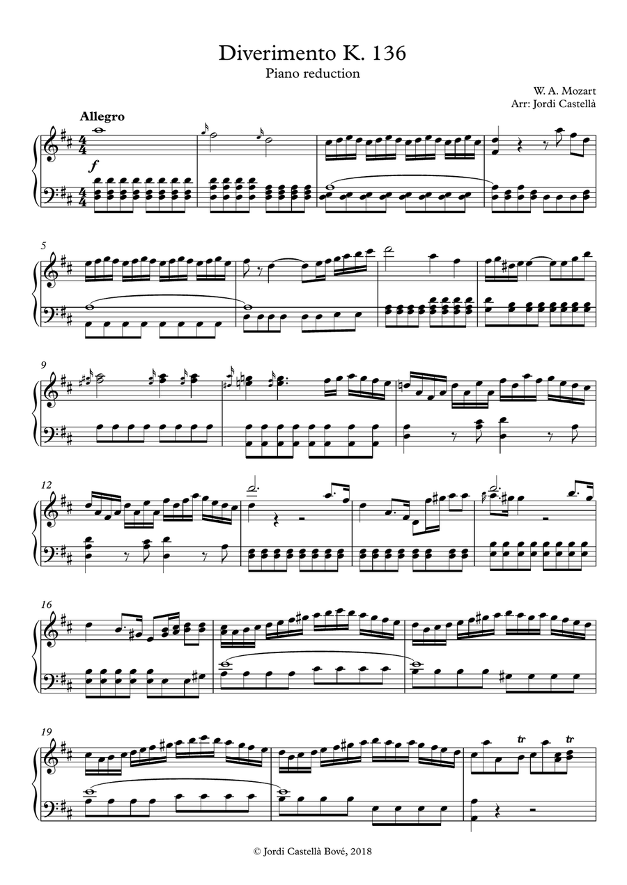 Divertimento K.136 – Piano Solo Version by Wolfgang Amadeus