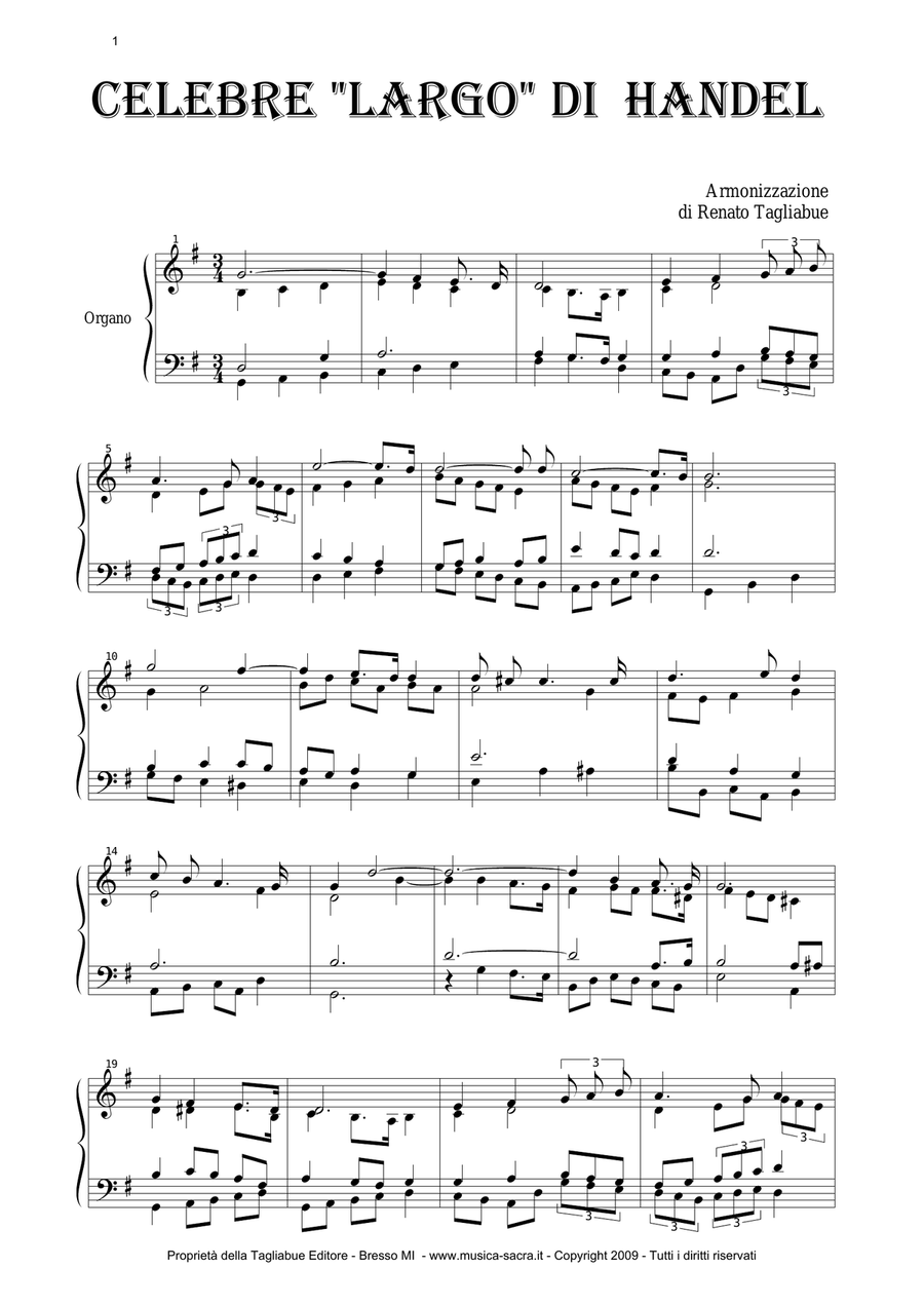 LARGO by Handel - (From Op. Xerxes; HWV 40) - Arr. for Organ Organ Solo scores gallery preview page 1