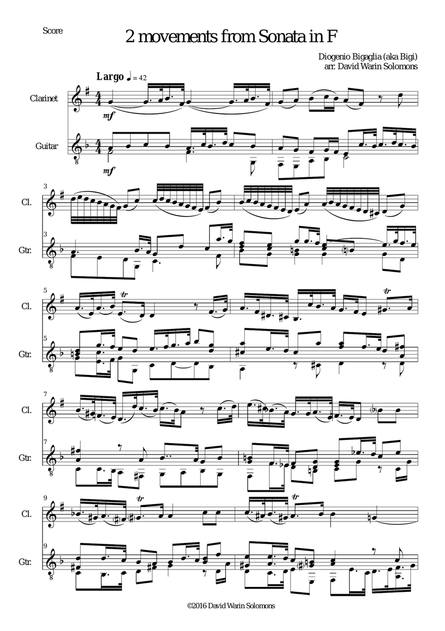 Sonata in F (first and last movements) for clarinet and guitar Clarinet scores gallery preview page 1