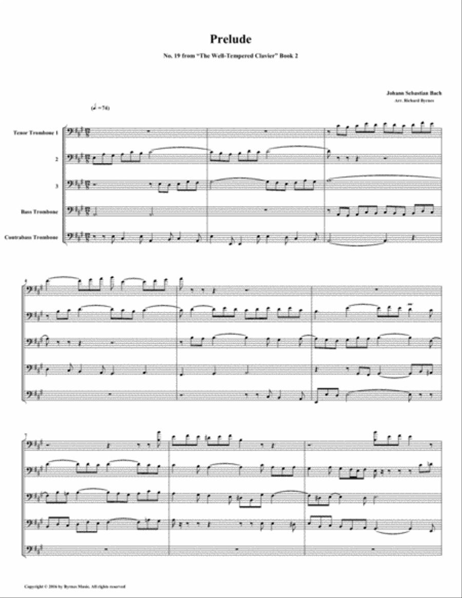 Prelude 19 from Well-Tempered Clavier, Book 2 (Trombone Quintet) Brass Quintet scores gallery preview page 1